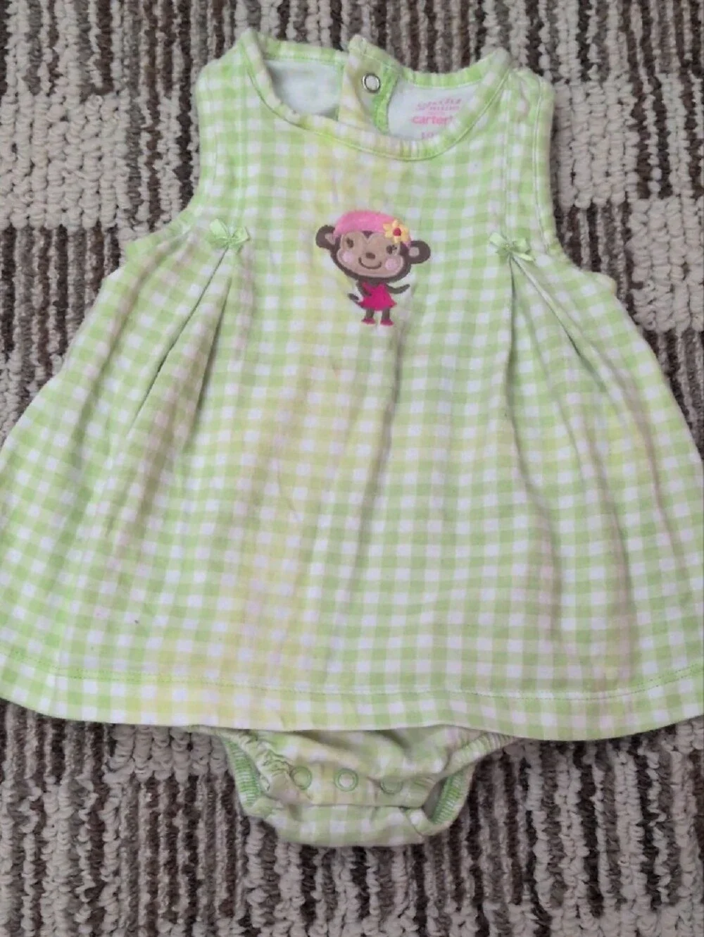 Carter's Purple Polka Dot Baby Romper & Green Checked Monkey Bodysuit.